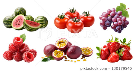 Collection of red purple maroon fruits in pile group, watermelon, tomato, raspberry, passionfruit, red grape, strawberry on transparent background cutout, PNG file. Mockup template for artwork design 130179540