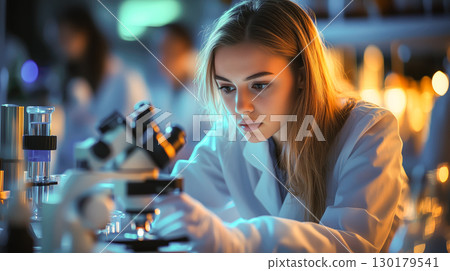 A scientist woman working hard to learn new things in a science lab. Exploring and finding out cool stuff using science tools. Generative AI. 130179541