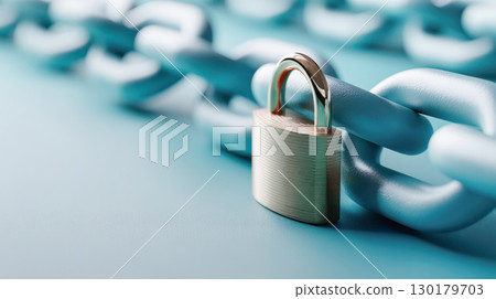 Close-up of a shiny gold padlock secured on a blue metal chain, symbolizing security and protection in a modern digital world Close-up of a shiny gold padlock secured on a blue metal chain, symbolizing security and protection in a modern digital world 130179703
