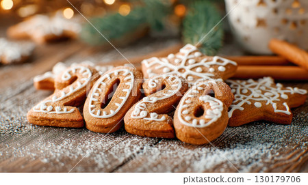 Gingerbread cookies shaped as the year 2026, decorated with icing, surrounded by festive elements on a rustic wooden table 130179706