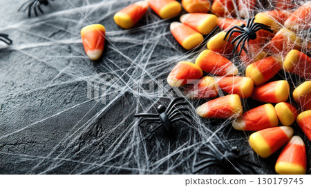 Colorful candy corn scattered on a dark surface with fake spiders and cobwebs, creating a spooky Halloween atmosphere for festive celebrations Colorful candy corn scattered on a dark surface with fake spiders and cobwebs, creating a spooky Halloween atmosphere for festive celebrations 130179745