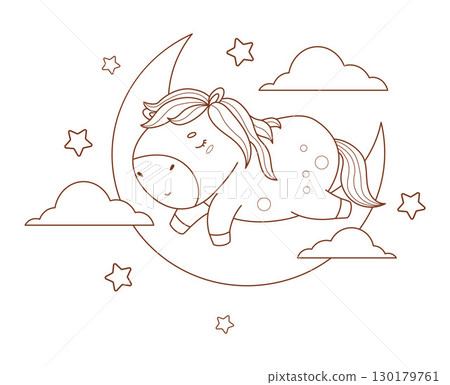 Outline Adorable Sleepy Cartoon Horse on Moon with Clouds and Stars. Cute Dreamy Pony Kawaii Animal. Line drawing, coloring book. Vector illustration. Kids collection. Not AI Outline Adorable Sleepy Cartoon Horse on Moon with Clouds and Stars. Cute Dreamy Pony Kawaii Animal. Line drawing, coloring book. Vector illustration. Kids collection. Not AI 130179761
