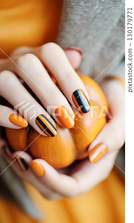 Stylish hands with vibrant orange and black nail art holding a small pumpkin, showcasing a festive Halloween theme and seasonal creativity Stylish hands with vibrant orange and black nail art holding a small pumpkin, showcasing a festive Halloween theme and seasonal creativity 130179771
