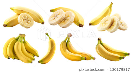 Yellow banana bananas, many angles and view side top front sliced bunch cut isolated on transparent background cutout, PNG file. Mockup template for artwork graphic design 130179817