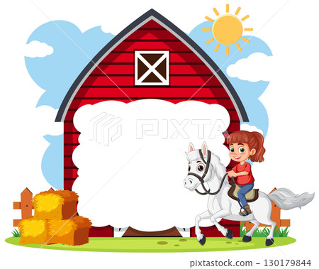 Girl Riding Horse Near Red Barn Girl Riding Horse Near Red Barn 130179844