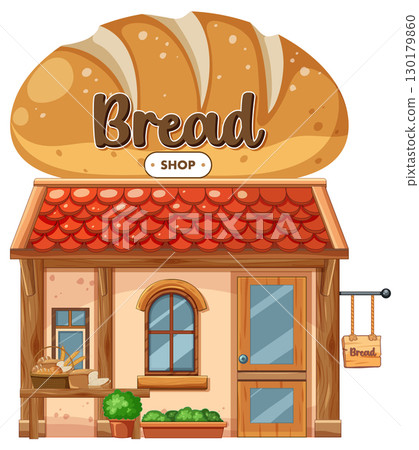 Small Bakery Shop with Bread Sign and Red Roof Small Bakery Shop with Bread Sign and Red Roof 130179860