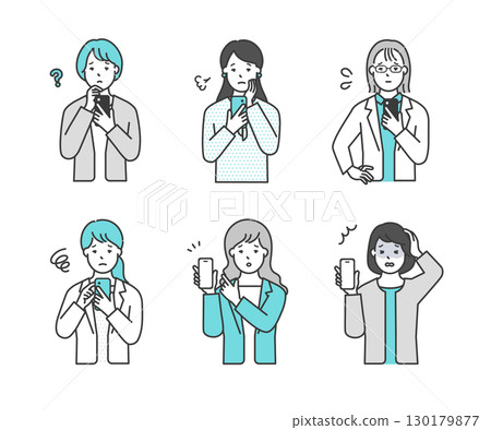 A simple image of a female business person holding and operating a smartphone with an anxious face. Stock illustration 130179877