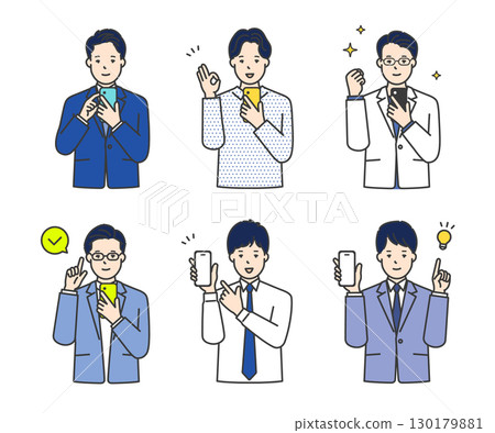 A simple image of a male business person holding and operating a smartphone with a smile. Illustration material A simple image of a male business person holding and operating a smartphone with a smile. Illustration material 130179881