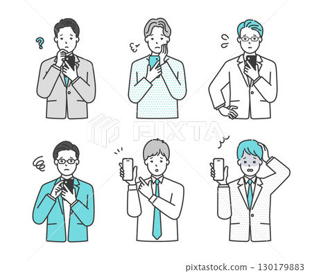 A simple image of a male business person holding and operating a smartphone with an anxious face. Illustration material A simple image of a male business person holding and operating a smartphone with an anxious face. Illustration material 130179883
