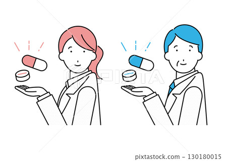 Illustration of a young female pharmacist and a middle-aged male pharmacist holding up medicine 130180015