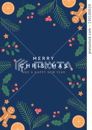 merry christmas card with gingerbread orange and fir twig decoration vector illustration 130180029