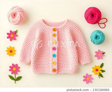 Pink crochet cardigan with colorful buttons surrounded by vibrant yarn balls and floral decorations Pink crochet cardigan with colorful buttons surrounded by vibrant yarn balls and floral decorations 130180060