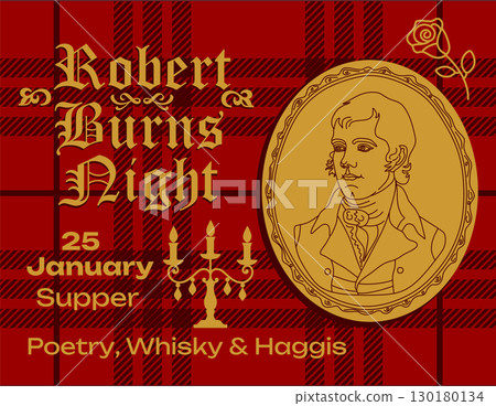 Robert Burns Night 25th January, United Kingdom Scotland background vintage invitation illustration on red 130180134