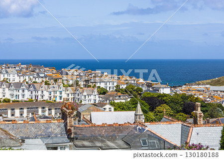 St Ives Cornwall Rooftops Overlooking the Atlantic, Whitewashed Houses and Blue Sea 130180188
