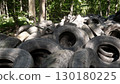 A large pile of discarded rubber tires accumulates in a natural forest setting, exacerbating ecological issues and highlighting pollution problems related to waste management. 130180225