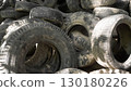 Piles of discarded rubber tires accumulate in an urban environment, highlighting the growing problem of waste management and its impact on ecology and pollution levels. 130180226