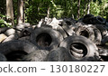 Discarded rubber tires accumulate in a dense forest, posing significant ecological problems and serving as a source of pollution in the environment. 130180227