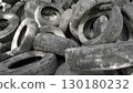 Piles of discarded rubber tires are visible, illustrating the severe pollution and ecological problems caused by improper waste management practices. 130180232