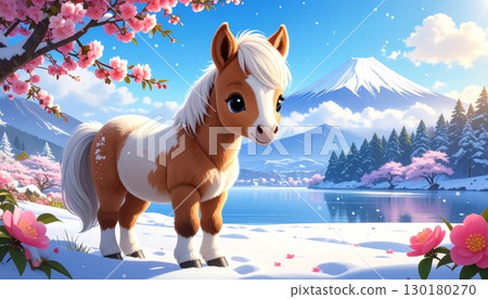 可愛小馬的3D插圖，背景是富士山和日出。馬年新年賀卡素材。雪景。 130180270