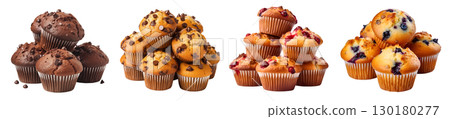 Collection of 4 muffin muffins in pile stack group set. Double chocolate chip, blueberry, cranberry on transparent background cutout, PNG file. Mockup template for artwork design 130180277