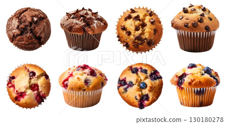 Collection of 4 muffin muffins top and front view set. Double chocolate chip, blueberry, cranberry on transparent background cutout, PNG file. Mockup template for artwork design 130180278