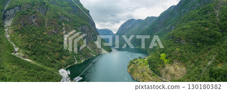 Aerial view of the Naeroyfjord. Gudvangen, Norway Aerial view of the Naeroyfjord. Gudvangen, Norway 130180382