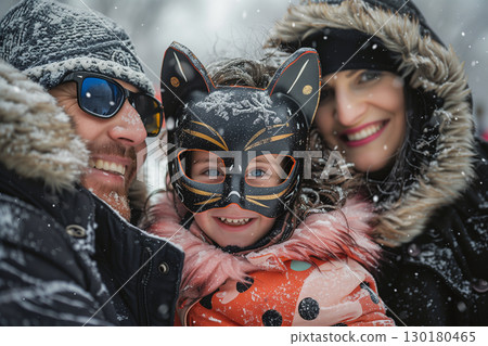 Family winter portrait featuring quadrober child in cat carnival mask with parents 130180465