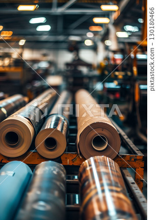Stacks of paper rolls in a modern paper mill warehouse setting 130180466