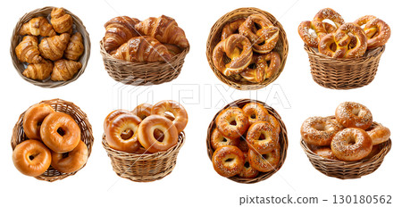 Collection 4 set of basket of bread bun pile. Croissant, Pretzel, Everything bagel, Plain bagel on transparent background cutout, PNG file. Mockup template for artwork design 130180562
