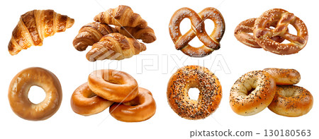 Collection of 4 bread bun pile set. Croissant, Pretzel, Everything bagel, Plain bagel on transparent background cutout, PNG file. Mockup template for artwork design 130180563