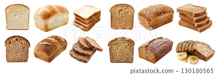 Collection of 4 bread bun loaf slice set. White, wholewheat, Multigrain, Banana on transparent background cutout, PNG file. Mockup template for artwork 130180565