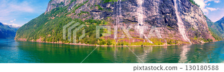 Panoramic view of the Seven Sisters Waterfall. Geirangerfjord, Norway. Horizontal banner 130180588