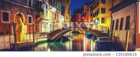 Venice street at night, bridge over canal, Venice, Italy. Horizontal banner Venice street at night, bridge over canal, Venice, Italy. Horizontal banner 130180618