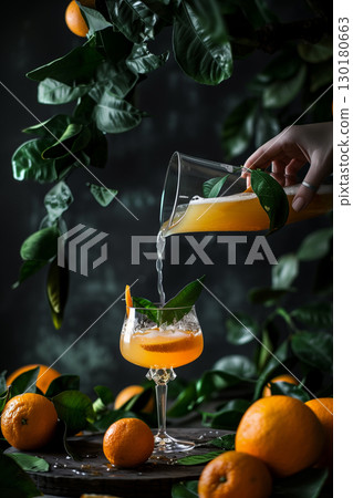 Refreshing orange juice - a glass of freshly squeezed citrus goodness with oranges and green leaves 130180663