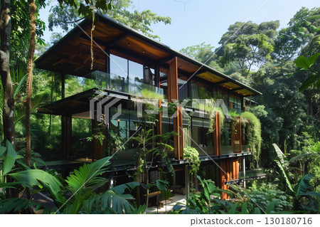 Sleek, modern home surrounded by lush forest with sustainable energy features 130180716