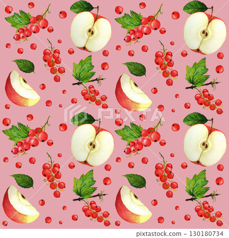 Red ripe apple and currant berries with lush green leaves, watercolor seamless pattern on pink background. Bright berries and apples watercolor seamless pattern for design of textile, juice, jam 130180734