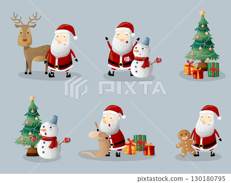 一套手繪風格的可愛聖誕節日繪畫，聖誕老人，聖誕樹，雪人，雪蛋糕人，禮品盒，熟悉的材料片 130180795