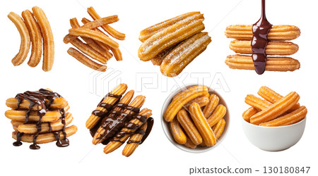 Churro churros fried dough bread choux fritters pastry on transparent cutout, PNG file. Many assorted different angles, stack, pile, chocolate sugar coated, bowl. Mockup template for artwork design 130180847