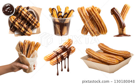Churro churros fried dough bread choux fritters pastry on transparent cutout, PNG. Many different angles, stack, chocolate sugar coated, paper tray wrap, hand holding. Mockup template for design 130180848