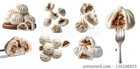 Set of bao baozi Mantou, Chinese stuffed steamed bun, wooden serve board, fork, meat vegetable filling, broken bitten fly pile, isolated transparent cutout PNG. Mockup template for design 130180853