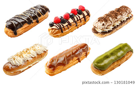Collection set of Eclairs eclair, Choux cream pastry puff dessert on transparent PNG. Many flavours, tiramisu fruit berries, chocolate, vanilla, matcha, caramel. Mockup template artwork 130181049