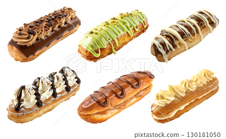 Collection set of Eclairs, Choux cream pastry puff dessert on transparent PNG. Many different flavours, coffee, pistachio, chocolate, buttercream, nuts, caramel. Mockup template for artwork 130181050