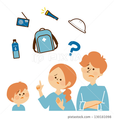 防災:一家人思考防災用品的插圖 防災:一家人思考防災用品的插圖 130181098