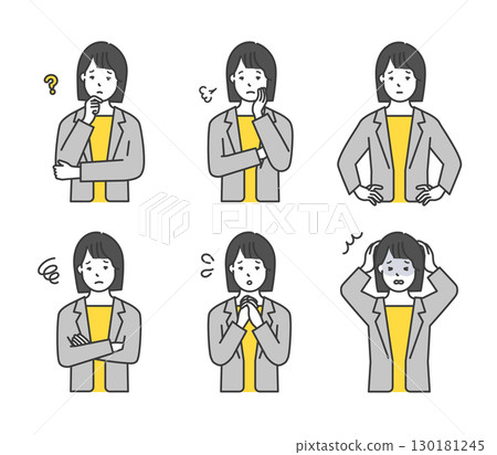 Simple image of a worried female business person Negative emotion illustration material set 130181245