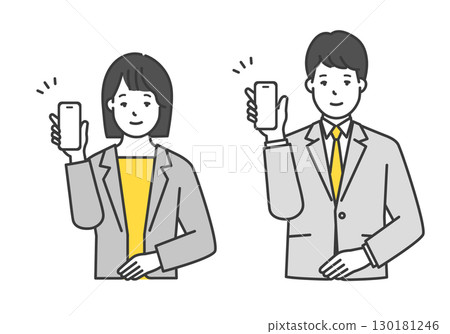 男女商務人士手持智慧型手機的簡單形象插畫素材 男女商務人士手持智慧型手機的簡單形象插畫素材 130181246