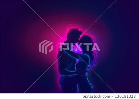 Neon couple silhouette in a passionate embrace against vibrant background Neon couple silhouette in a passionate embrace against vibrant background 130181328