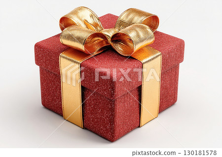 Luxury and festive celebrations. Classic Red Gift Box with Gold bow on white background. Representing Christmas. 130181578