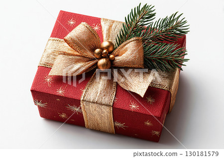 Christmas wrapping. Christmas Gift Box with a sprig of pine on white background. Christmas traditions and seasonal joy. Christmas wrapping. Christmas Gift Box with a sprig of pine on white background. Christmas traditions and seasonal joy. 130181579