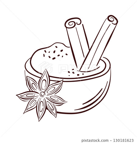 Line art style illustration of a bowl with spice powder, cinnamon sticks and star anise isolated on white background. Perfect for kitchen design and organic product package. 130181623
