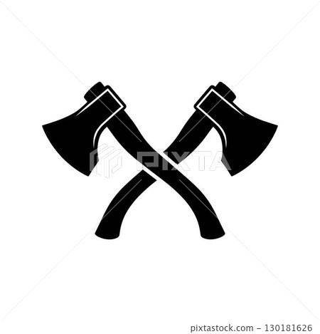 Two crossed battle-axes vector art forming an X shape in a bold black silhouette, isolated on a white background 130181626